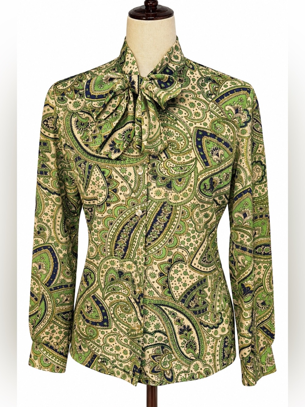 Vintage 70s bow neck green & navy paisley long sleeve top/ blouse-s